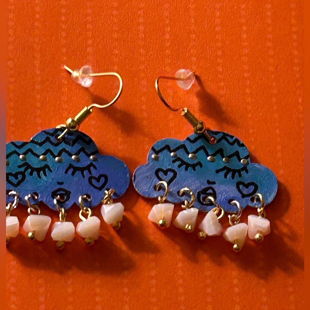 NWOT Earrings “Rainy Day Blues” blue clouds handpainted oils w crystal raindrops